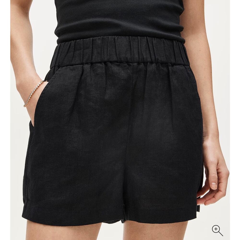 J.Crew Tropez Linen Shorts Black Smocked Waist High Rise Pockets Size Small